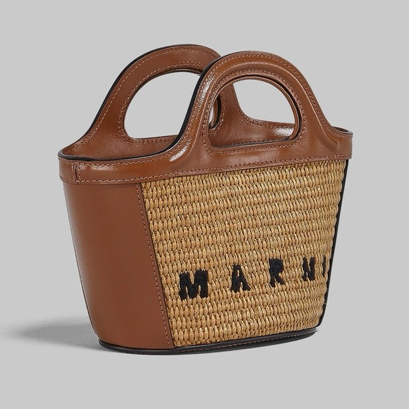 Marni Tropicalia Micro Bag in brown leather and raffia-effect fabric - Picture 5 of 9